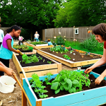 **

A vibrant community garden scene in a French neighborhood. Diverse people of all ages are working together, planting vegetables, flowers, and herbs. Include elements like raised garden beds, composting bins, and children learning about gardening. The overall atmosphere should be lively, collaborative, and emphasize community engagement in ecological initiatives. Focus on natural light and bright colors.

**