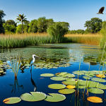 A breathtaking, vibrant wetland ecosystem teeming with life, showcasing crystal-clear water reflecting the sky, diverse aquatic flora including lush reeds and water lilies, and majestic migratory birds gracefully flying overhead. Dragonflies with iridescent wings hover above the surface, and a subtle glimpse of amphibians on the water's edge. The scene is bathed in natural sunlight, emphasizing the rich biodiversity. Professional nature photography, high detail, sharp focus, natural colors, serene atmosphere, perfect anatomy of animals, correct proportions, natural pose. Safe for work, appropriate content, family-friendly.