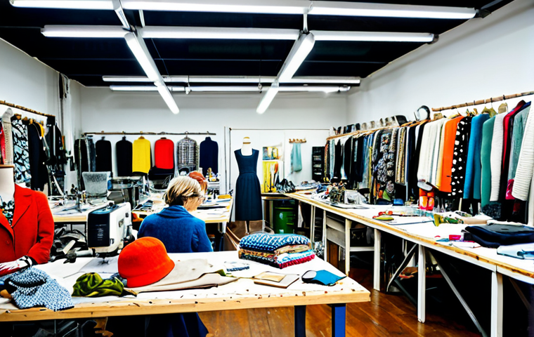 환경문제 해결을 위한 비즈니스 모델 - Upcycled Fashion Studio**

"A brightly lit workshop filled with clothing designers creating new garm...