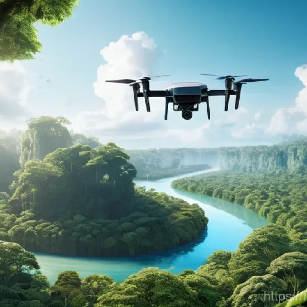 생태계 복원과 관리의 최신 기술 - **Prompt:** A state-of-the-art drone with sleek, reflective surfaces and multiple sensor pods hovers...