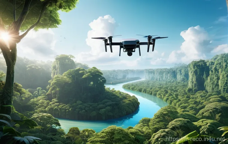 생태계 복원과 관리의 최신 기술 - **Prompt:** A state-of-the-art drone with sleek, reflective surfaces and multiple sensor pods hovers...
