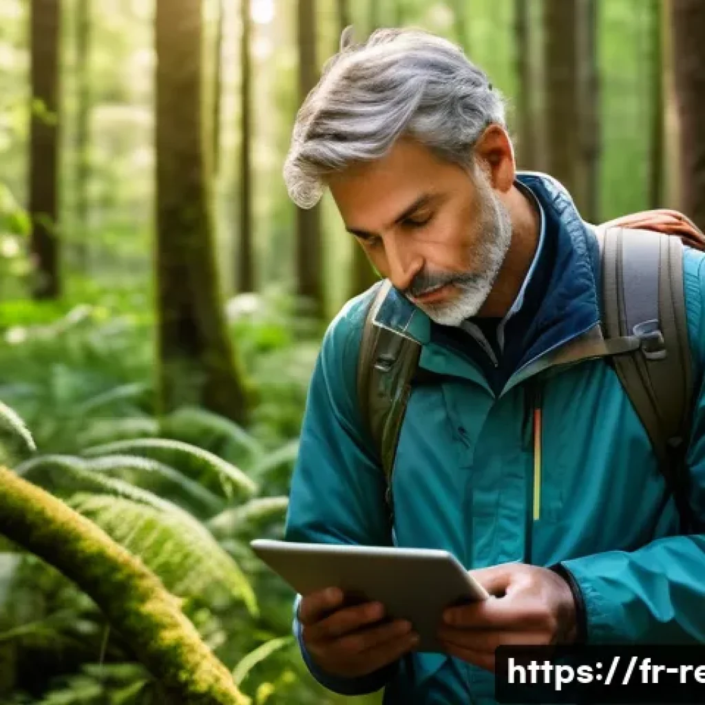 생태환경 전문가의 일과 시간 관리 - A focused ecological expert planning a field trip on a digital tablet in a lush French forest settin...