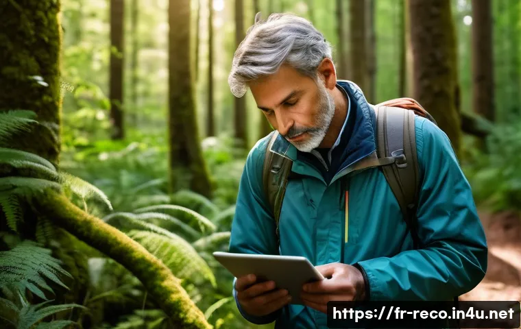 생태환경 전문가의 일과 시간 관리 - A focused ecological expert planning a field trip on a digital tablet in a lush French forest settin...