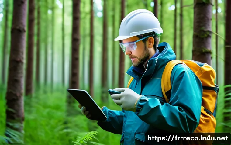 환경영향평가서 데이터 검증 사례 - A detailed, realistic environmental scientist in a modern European field research setting, wearing p...