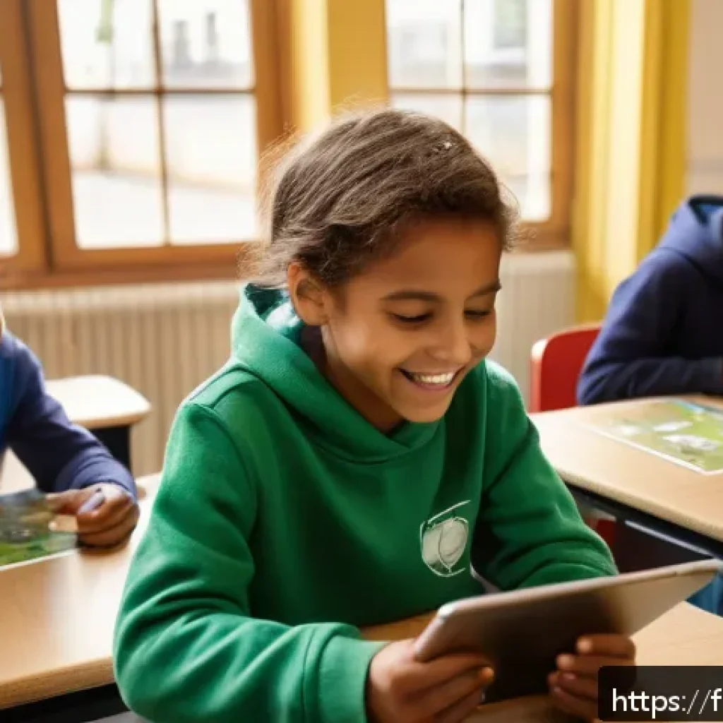 생태환경 교육 콘텐츠 제작 사례 - A vibrant classroom scene in a French elementary school where children aged 6-12 are engaged in an i...