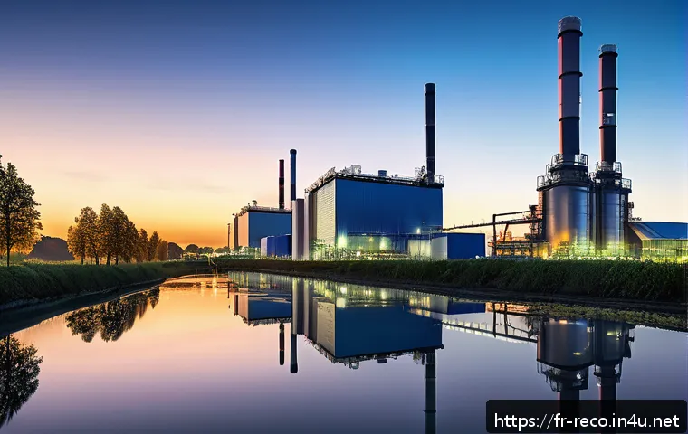 환경오염 문제 해결 프로젝트 사례 - A futuristic French industrial site at sunset featuring advanced carbon capture and utilization tech...