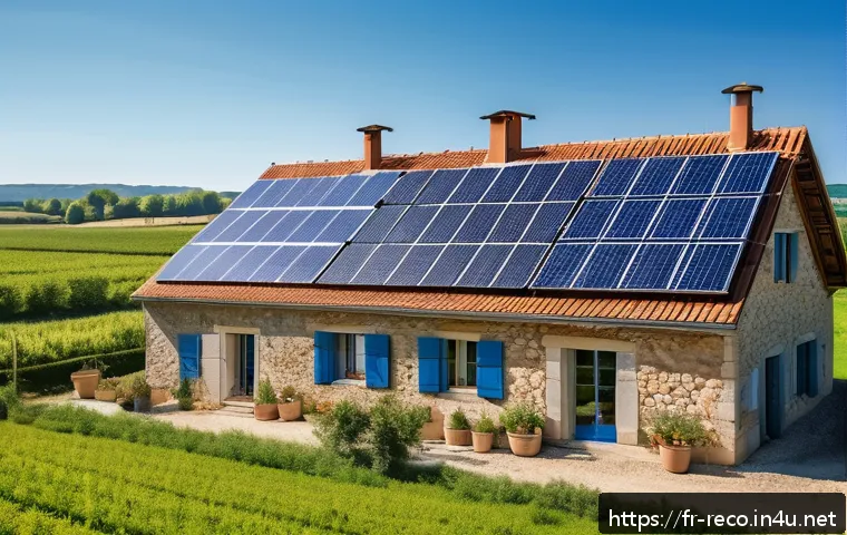 생태환경 업무에서 발생하는 윤리적 문제 - A modern French rural landscape featuring solar panels installed on farmhouse roofs and open fields,...